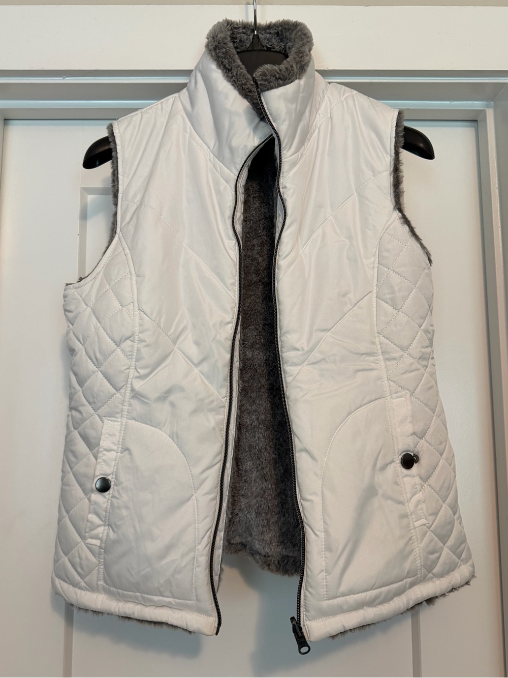 Women's White Quilted Reversible Vest with Gray Faux Fur